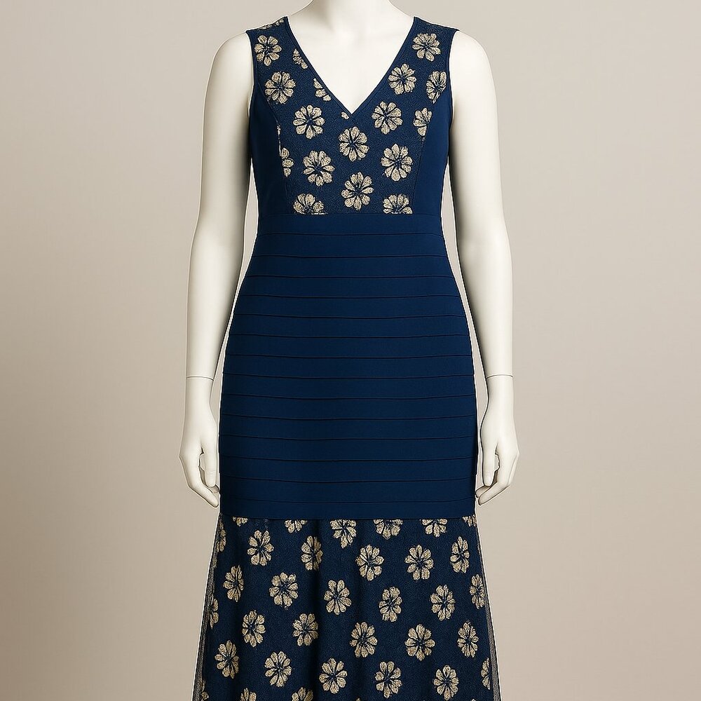Candelite Petite Navy Floral Lace Tiered Evening Dress Size PL Petite Large